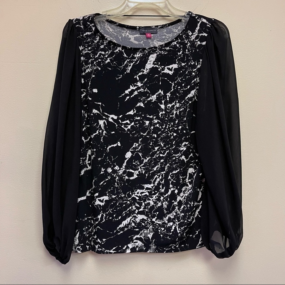 Vince Camino Marble Styled Parachute Sheer Sleeve Blouse